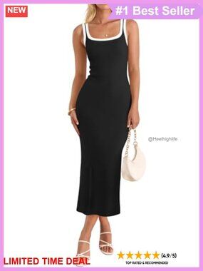 Sleeveless Bodycon Midi Dress Square Neck Side Slit Stretch Knit Summer